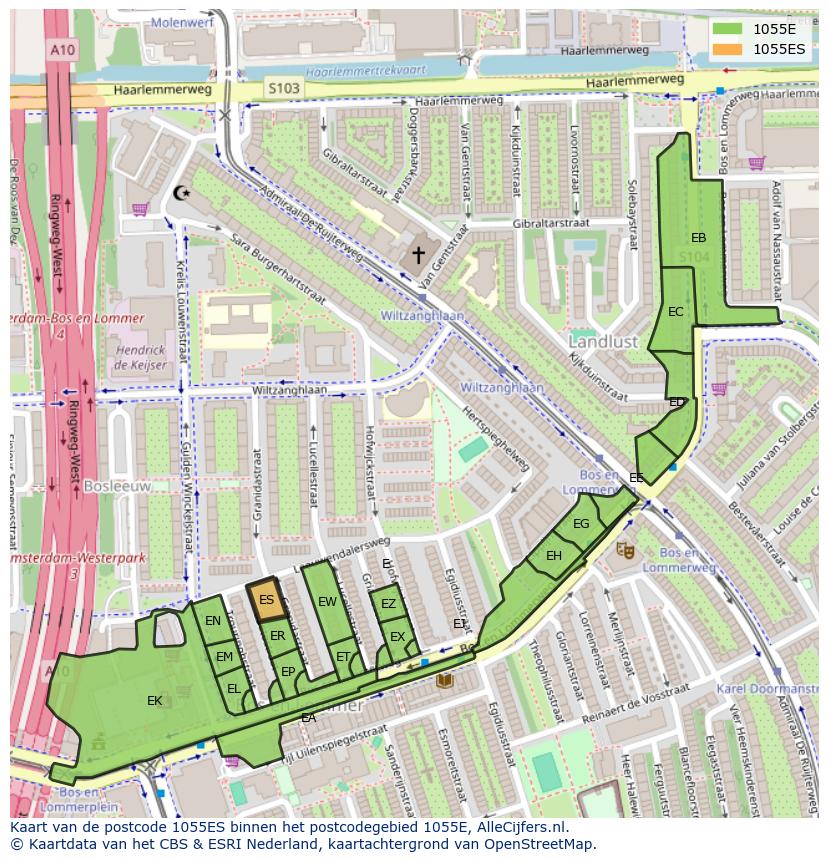 Afbeelding van het postcodegebied 1055 ES op de kaart.