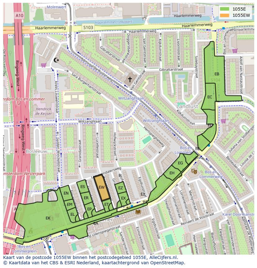 Afbeelding van het postcodegebied 1055 EW op de kaart.