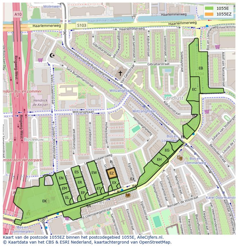 Afbeelding van het postcodegebied 1055 EZ op de kaart.