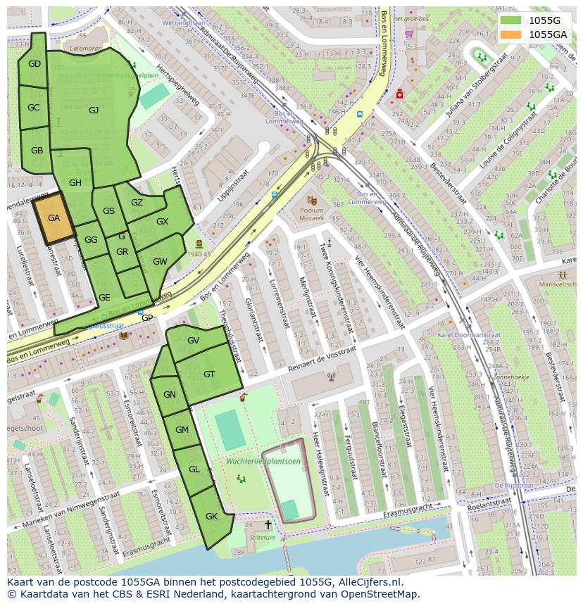 Afbeelding van het postcodegebied 1055 GA op de kaart.