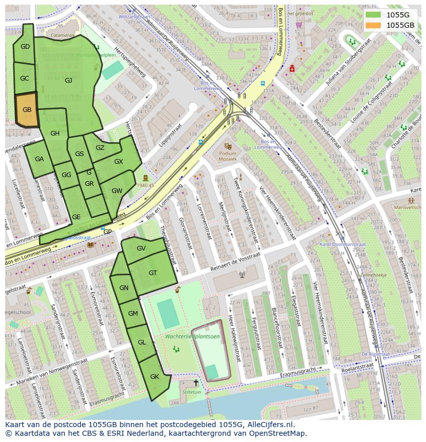 Afbeelding van het postcodegebied 1055 GB op de kaart.