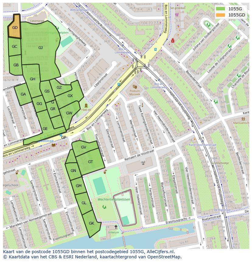 Afbeelding van het postcodegebied 1055 GD op de kaart.