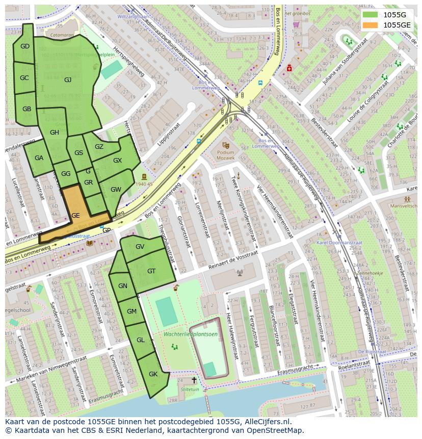 Afbeelding van het postcodegebied 1055 GE op de kaart.