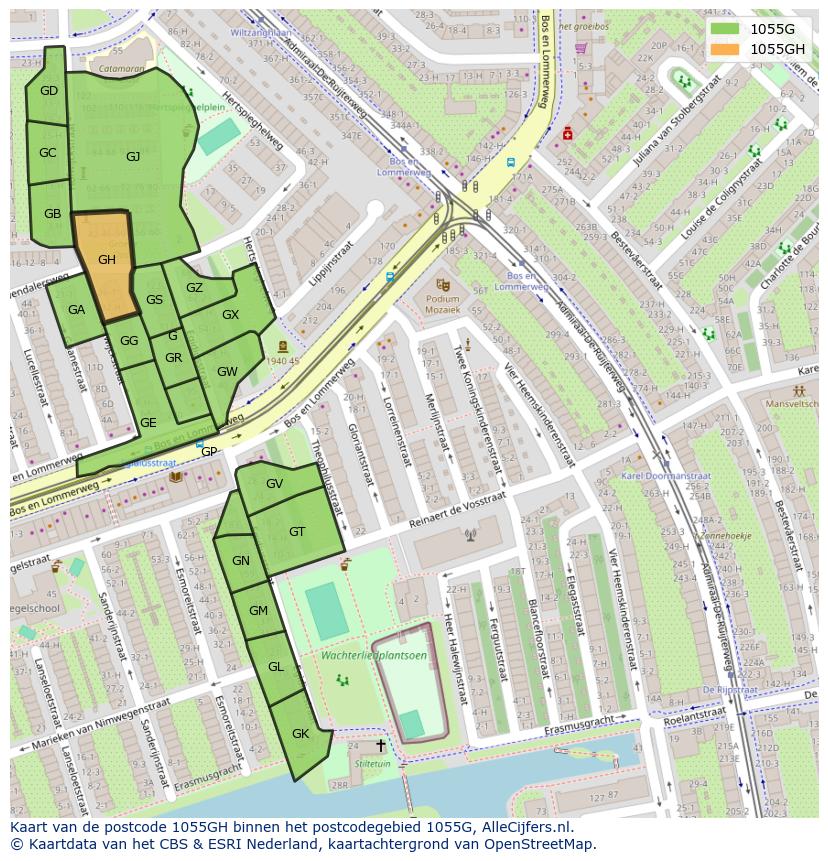 Afbeelding van het postcodegebied 1055 GH op de kaart.