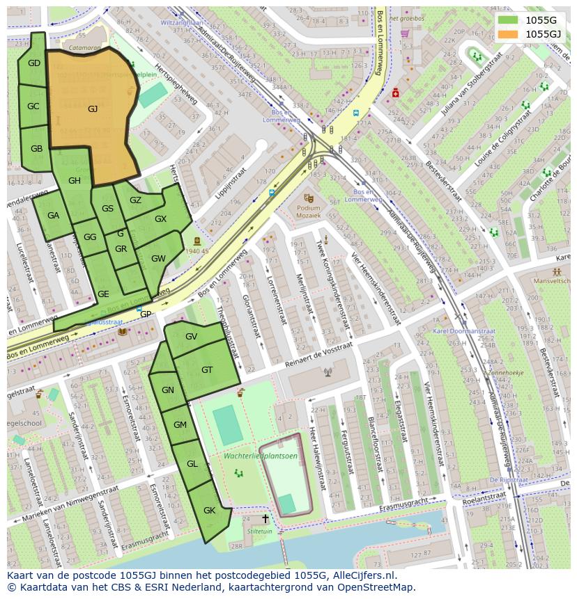 Afbeelding van het postcodegebied 1055 GJ op de kaart.