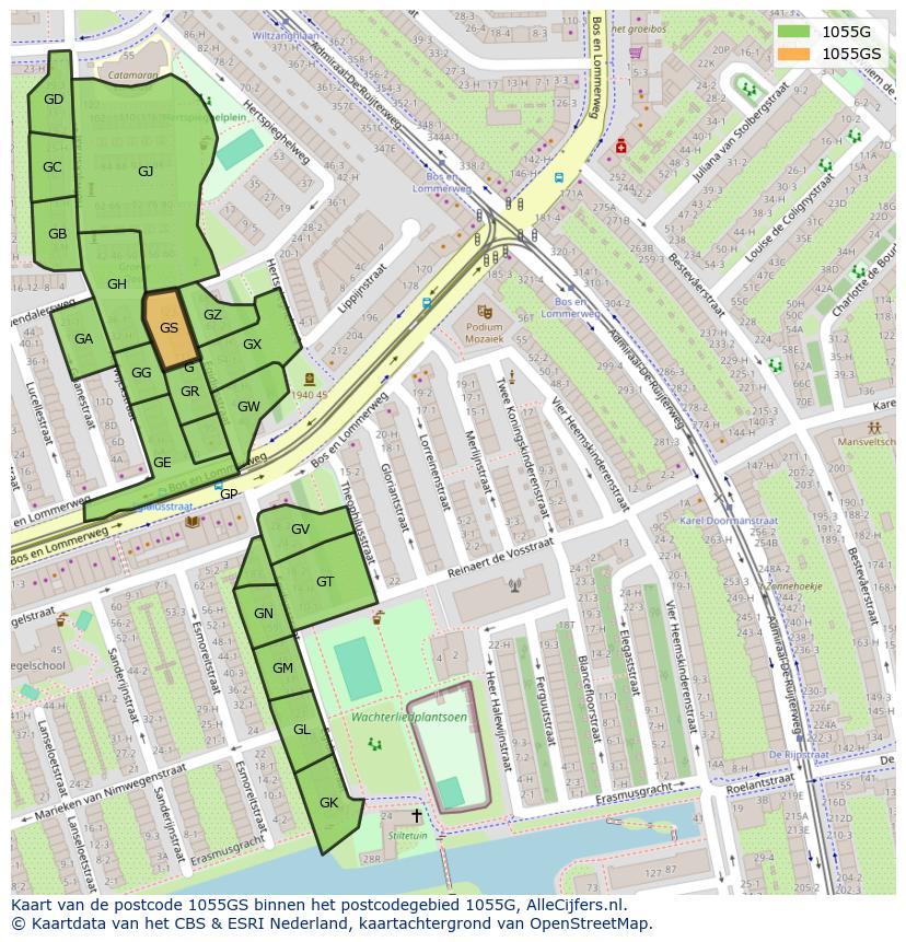 Afbeelding van het postcodegebied 1055 GS op de kaart.
