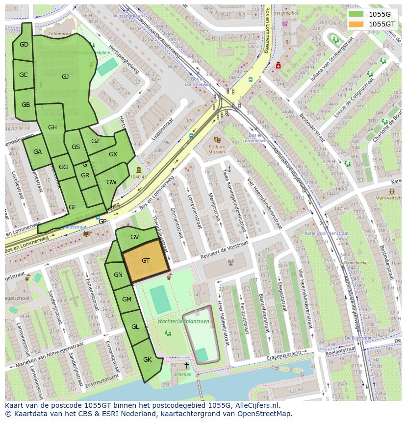 Afbeelding van het postcodegebied 1055 GT op de kaart.
