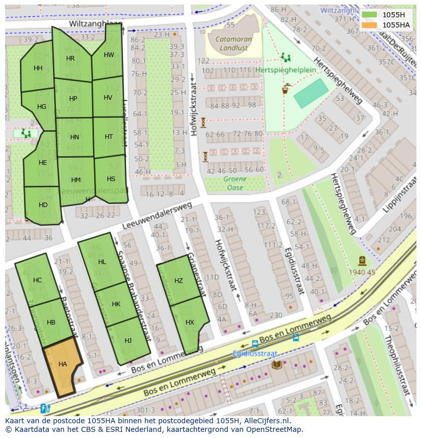Afbeelding van het postcodegebied 1055 HA op de kaart.