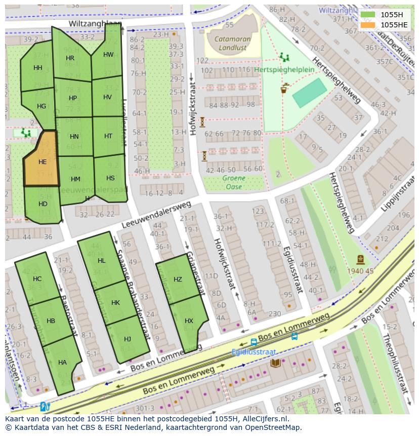 Afbeelding van het postcodegebied 1055 HE op de kaart.