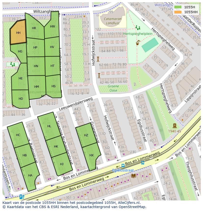 Afbeelding van het postcodegebied 1055 HH op de kaart.