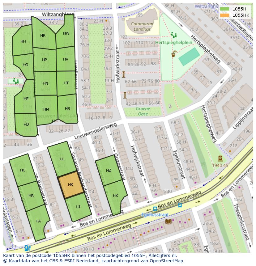 Afbeelding van het postcodegebied 1055 HK op de kaart.