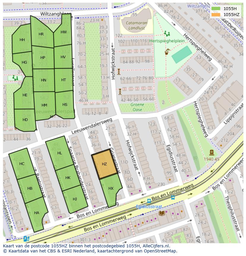 Afbeelding van het postcodegebied 1055 HZ op de kaart.