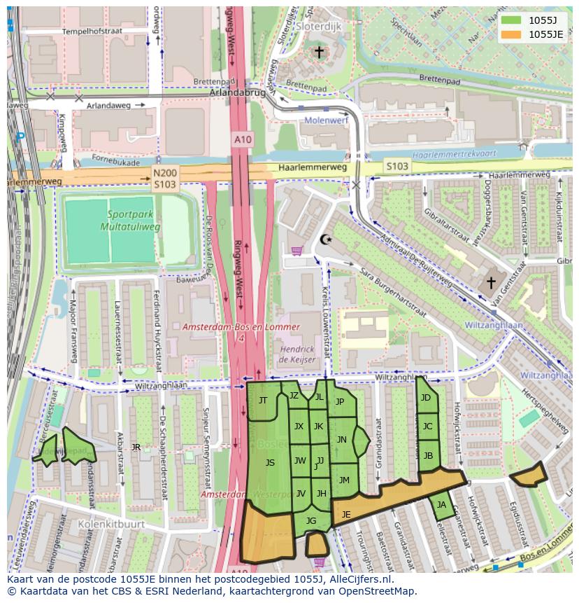 Afbeelding van het postcodegebied 1055 JE op de kaart.