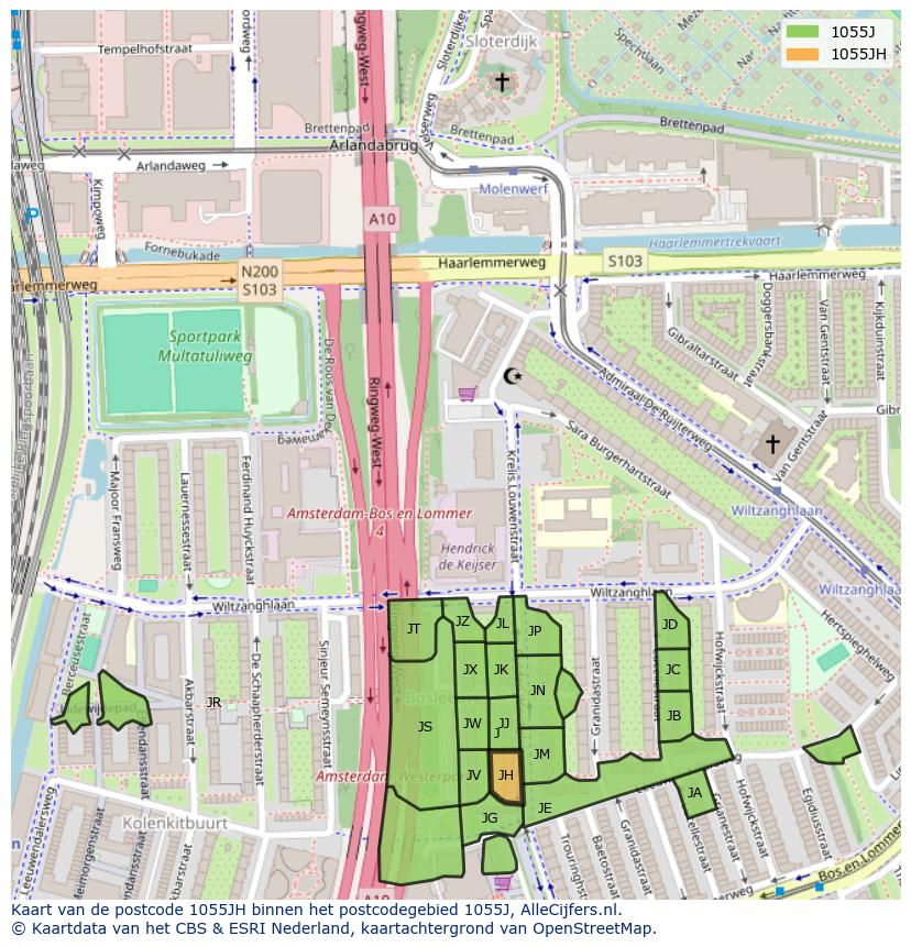 Afbeelding van het postcodegebied 1055 JH op de kaart.