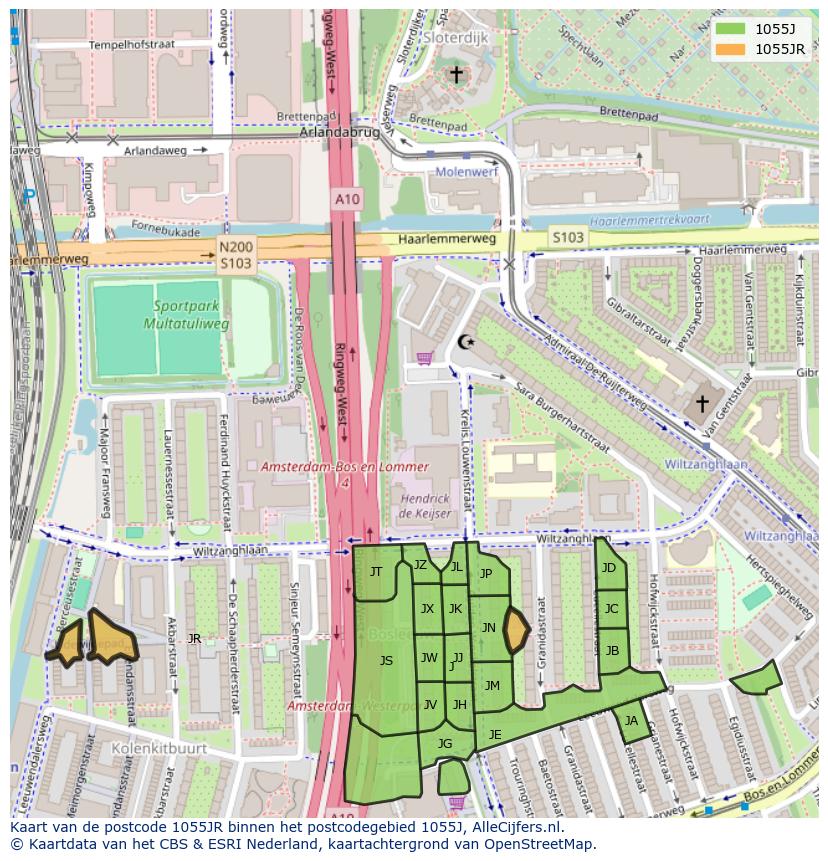 Afbeelding van het postcodegebied 1055 JR op de kaart.