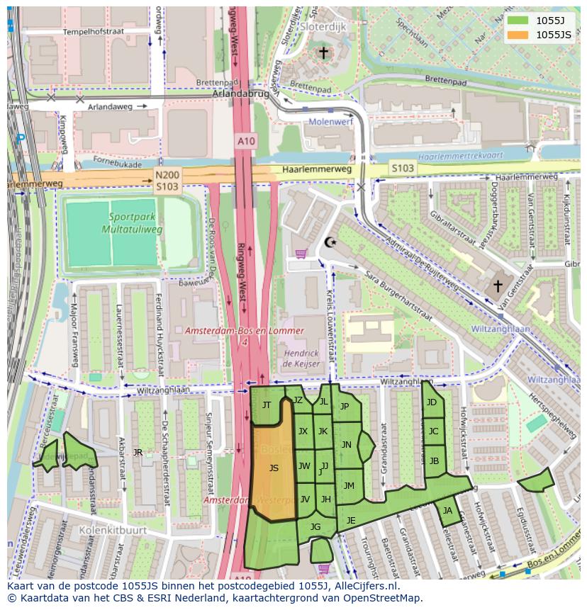Afbeelding van het postcodegebied 1055 JS op de kaart.