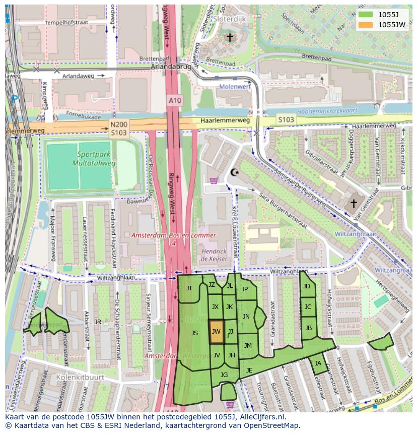Afbeelding van het postcodegebied 1055 JW op de kaart.