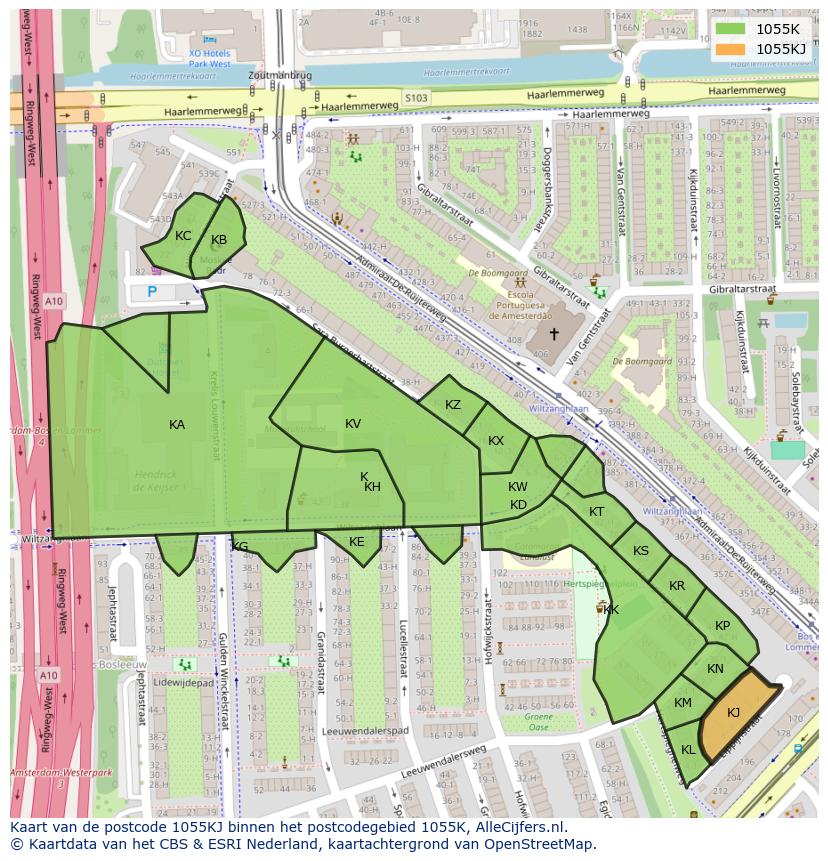 Afbeelding van het postcodegebied 1055 KJ op de kaart.
