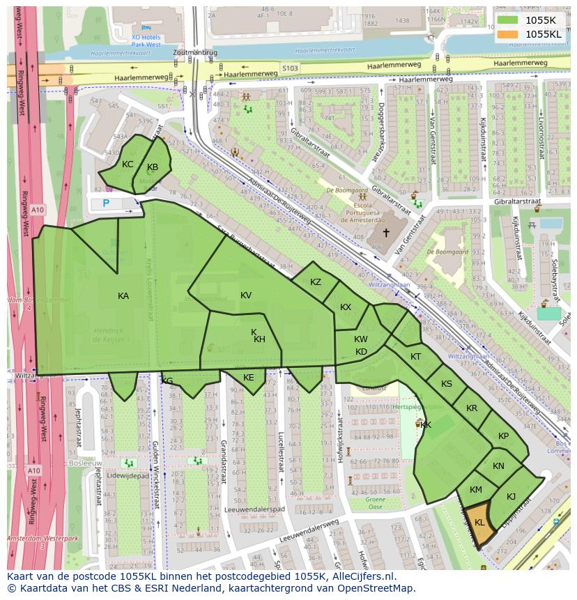 Afbeelding van het postcodegebied 1055 KL op de kaart.