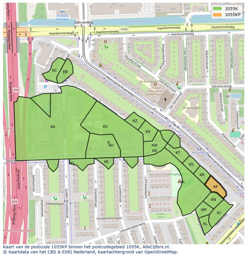 Afbeelding van het postcodegebied 1055 KP op de kaart.