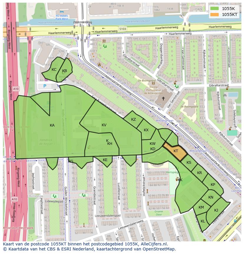 Afbeelding van het postcodegebied 1055 KT op de kaart.