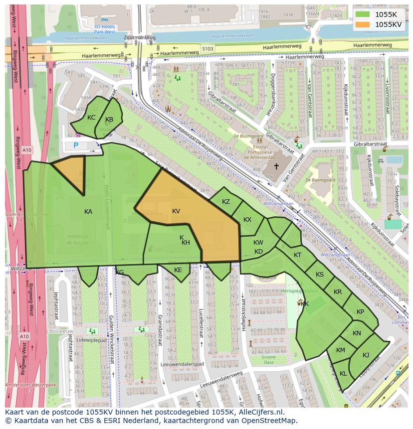 Afbeelding van het postcodegebied 1055 KV op de kaart.