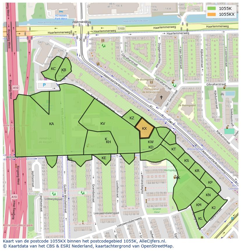 Afbeelding van het postcodegebied 1055 KX op de kaart.