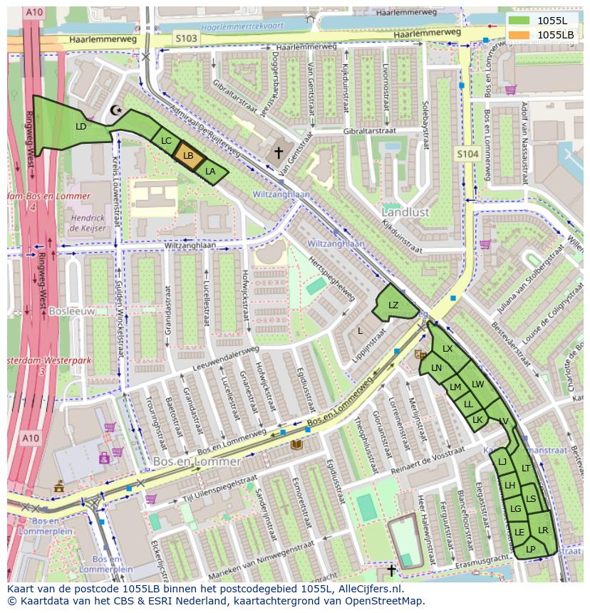 Afbeelding van het postcodegebied 1055 LB op de kaart.