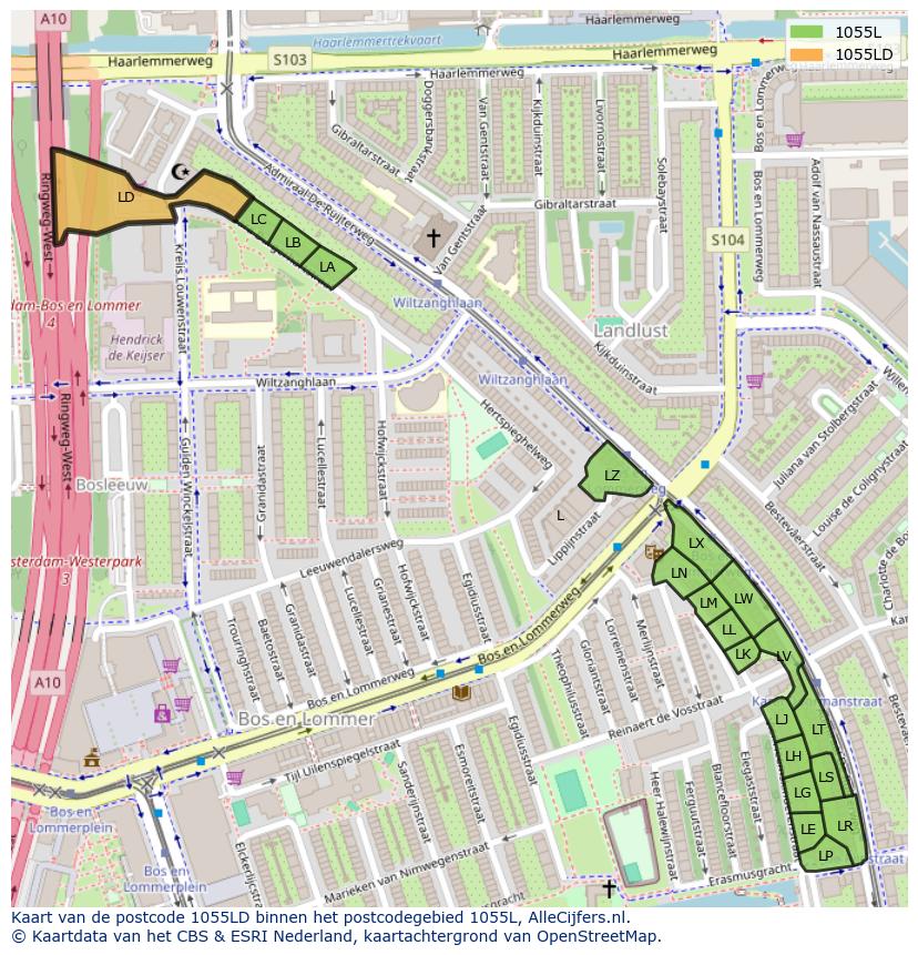 Afbeelding van het postcodegebied 1055 LD op de kaart.