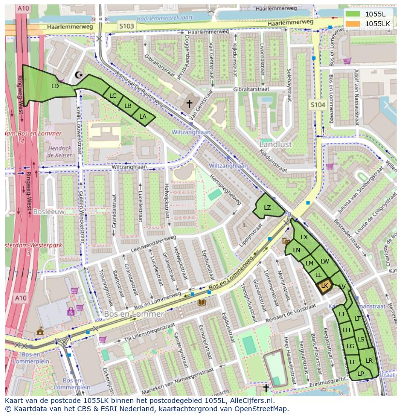 Afbeelding van het postcodegebied 1055 LK op de kaart.