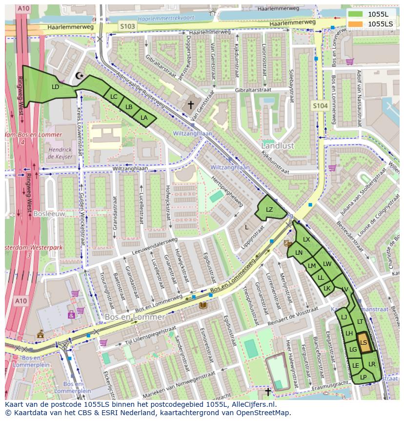 Afbeelding van het postcodegebied 1055 LS op de kaart.