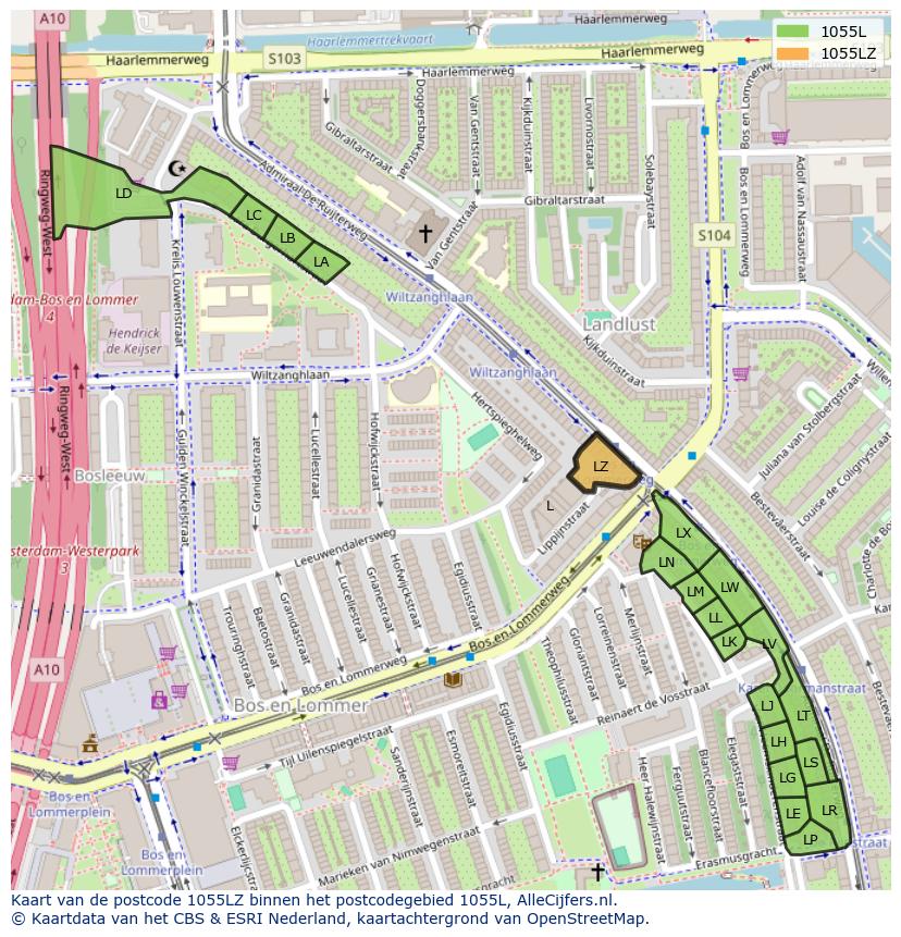 Afbeelding van het postcodegebied 1055 LZ op de kaart.