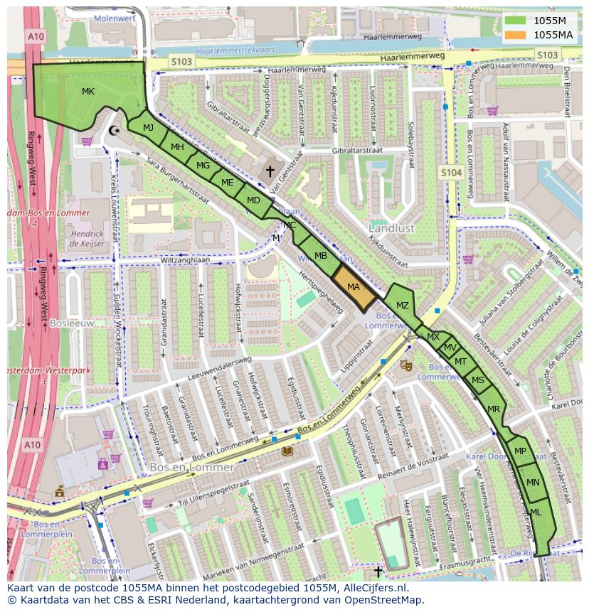Afbeelding van het postcodegebied 1055 MA op de kaart.