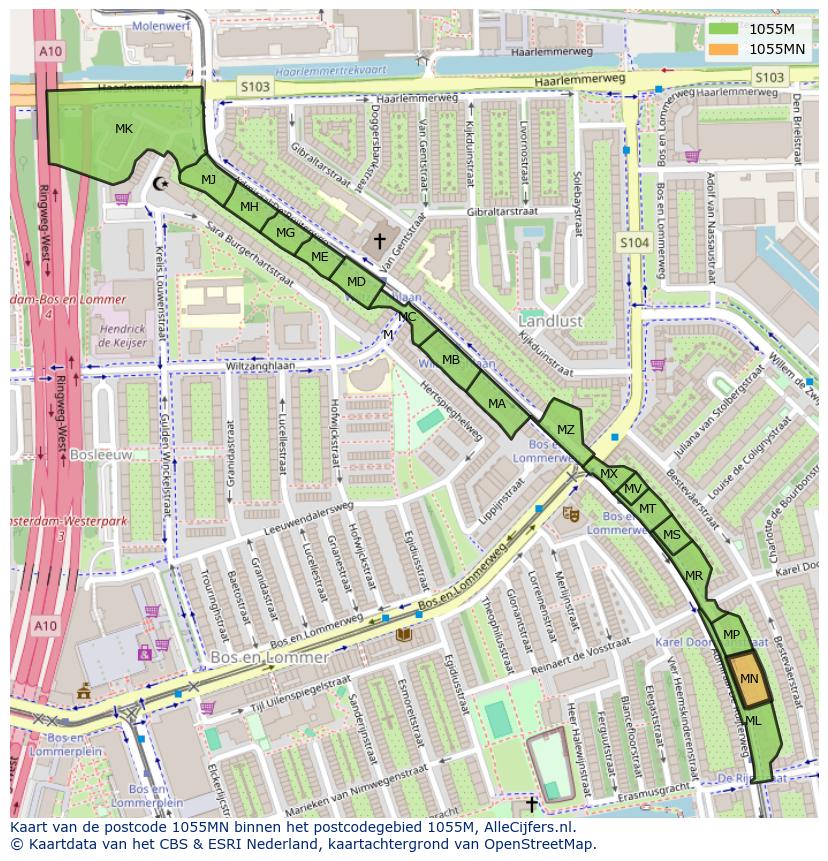 Afbeelding van het postcodegebied 1055 MN op de kaart.