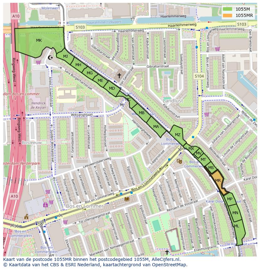 Afbeelding van het postcodegebied 1055 MR op de kaart.