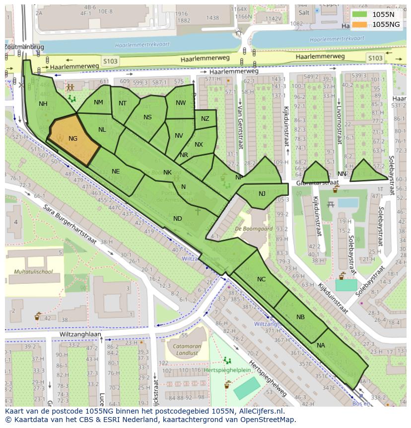 Afbeelding van het postcodegebied 1055 NG op de kaart.