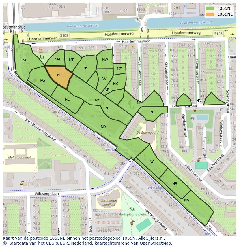 Afbeelding van het postcodegebied 1055 NL op de kaart.