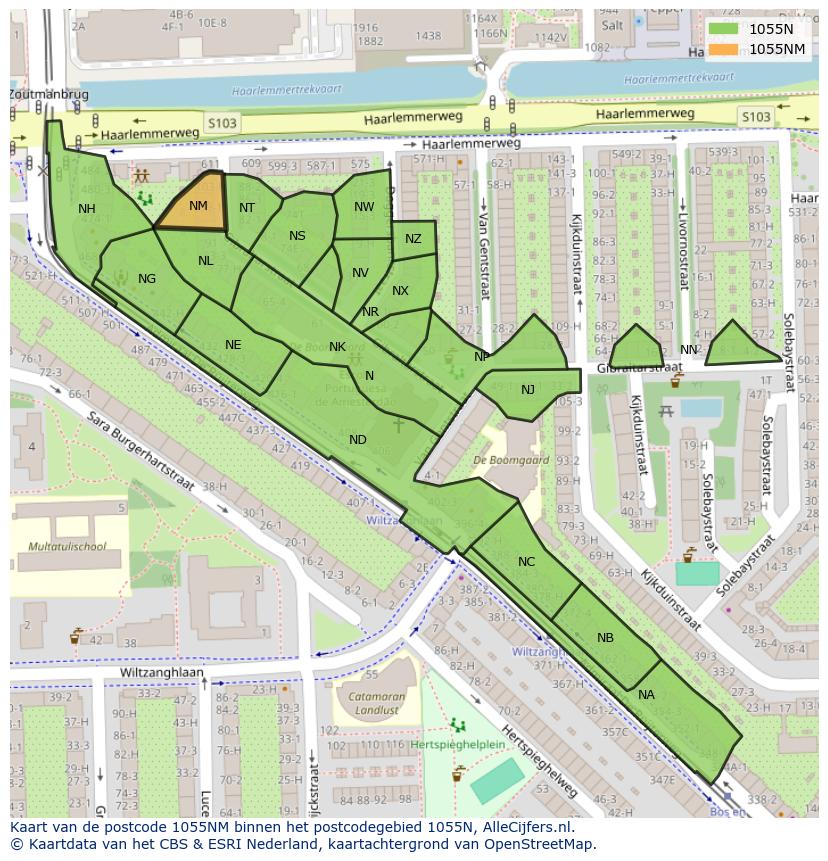 Afbeelding van het postcodegebied 1055 NM op de kaart.