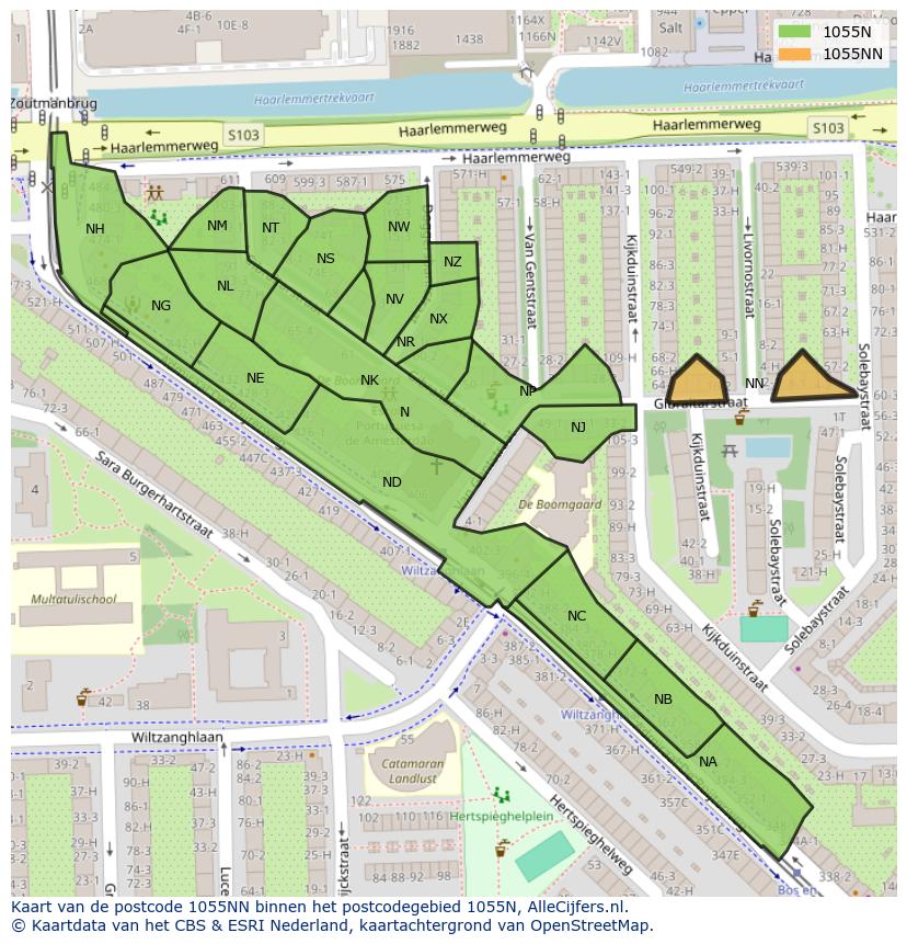 Afbeelding van het postcodegebied 1055 NN op de kaart.