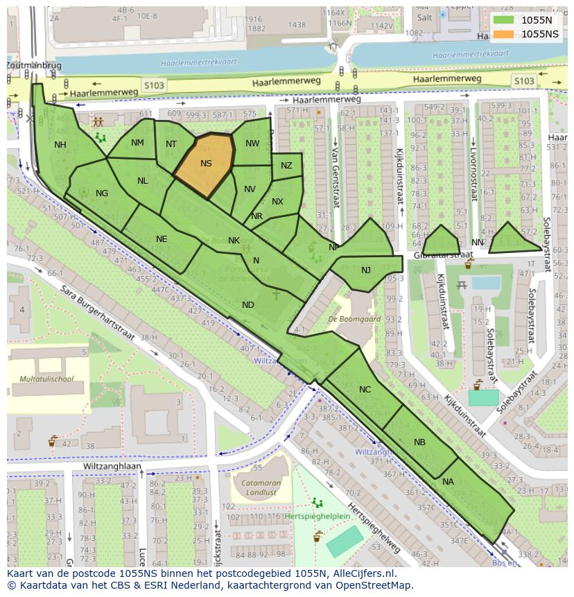 Afbeelding van het postcodegebied 1055 NS op de kaart.