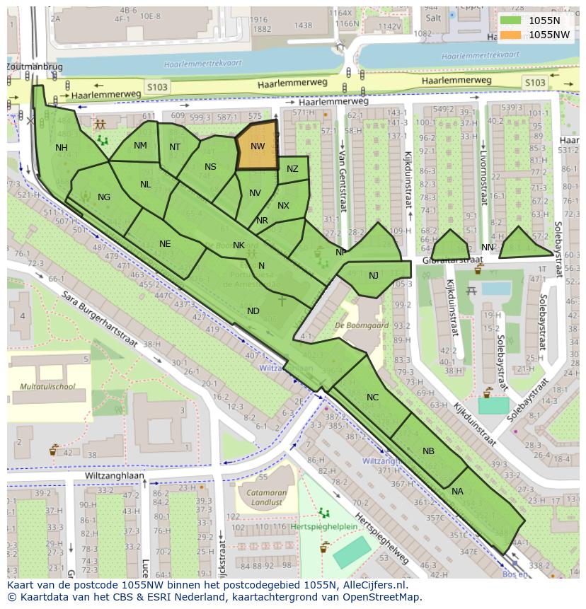 Afbeelding van het postcodegebied 1055 NW op de kaart.