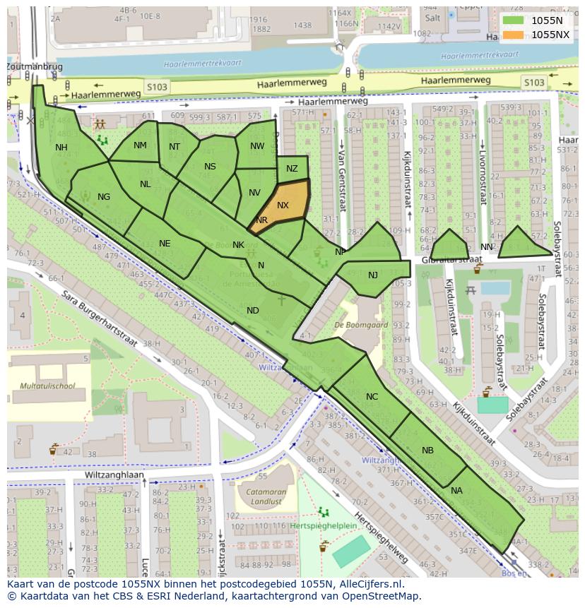 Afbeelding van het postcodegebied 1055 NX op de kaart.