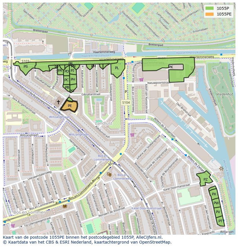 Afbeelding van het postcodegebied 1055 PE op de kaart.