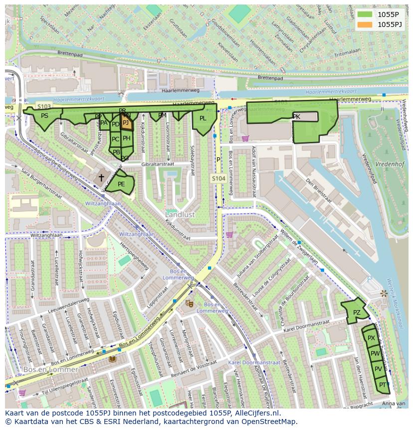 Afbeelding van het postcodegebied 1055 PJ op de kaart.