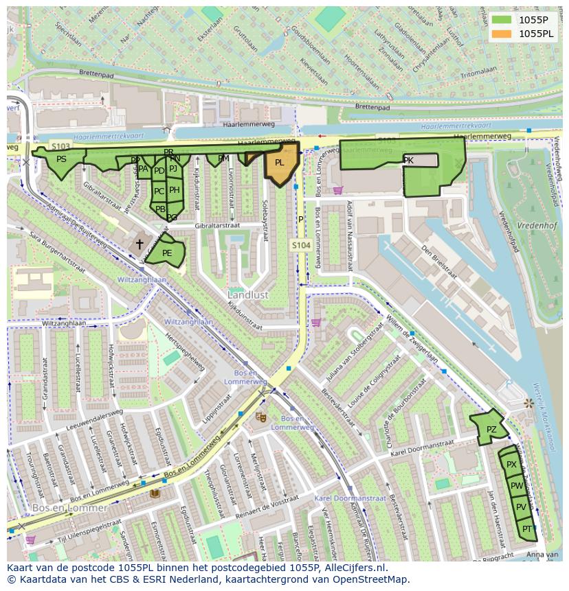 Afbeelding van het postcodegebied 1055 PL op de kaart.