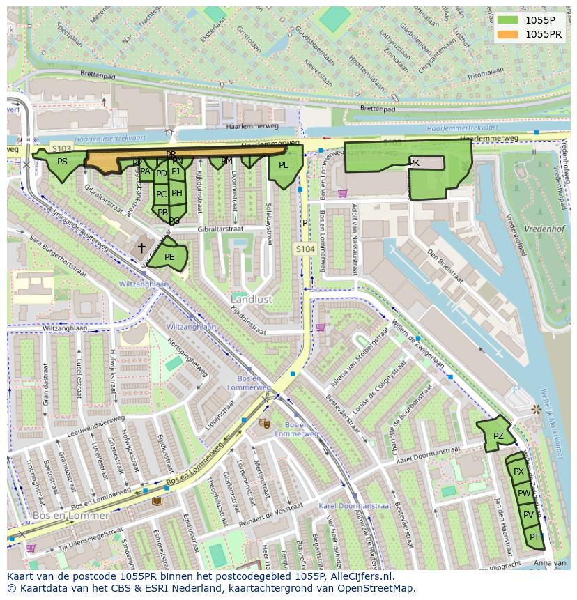 Afbeelding van het postcodegebied 1055 PR op de kaart.
