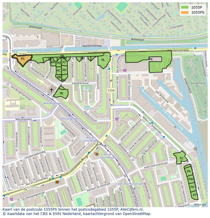 Afbeelding van het postcodegebied 1055 PS op de kaart.