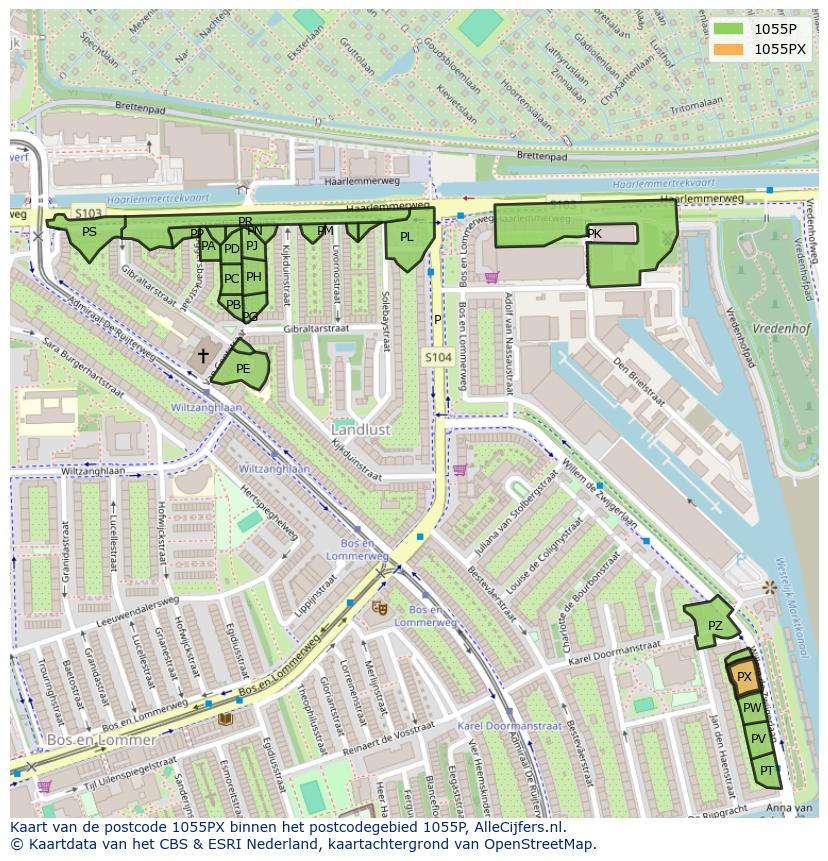 Afbeelding van het postcodegebied 1055 PX op de kaart.