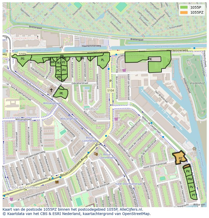Afbeelding van het postcodegebied 1055 PZ op de kaart.