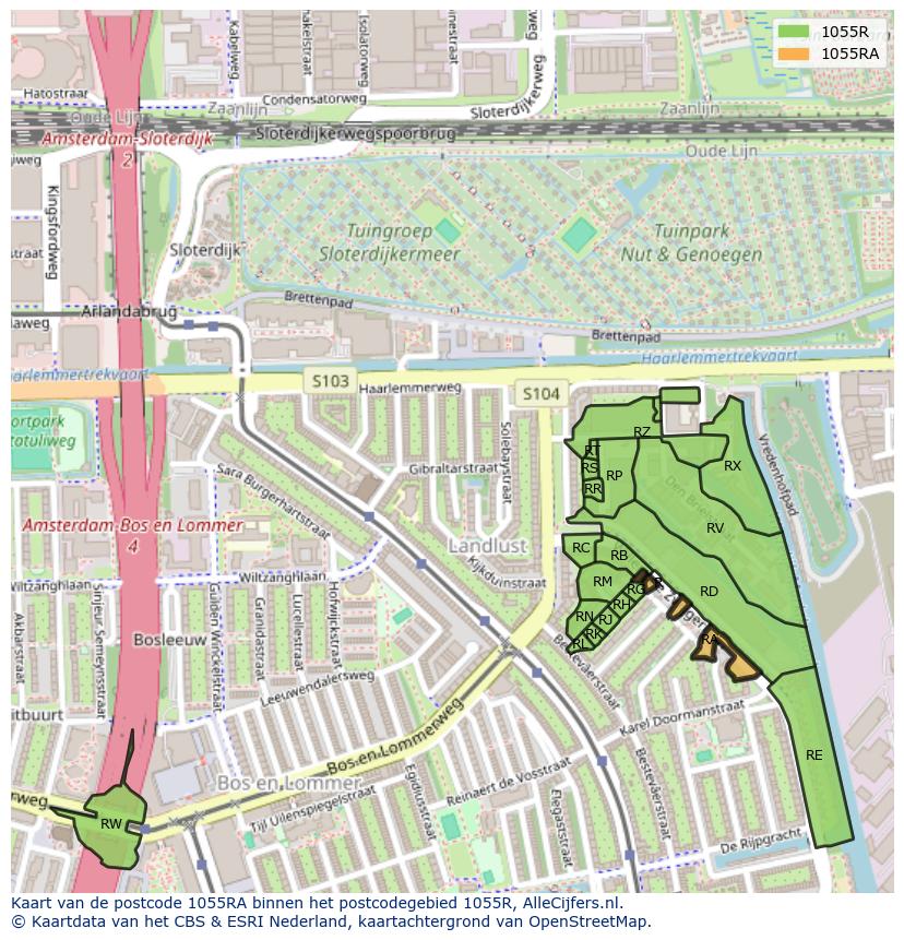 Afbeelding van het postcodegebied 1055 RA op de kaart.